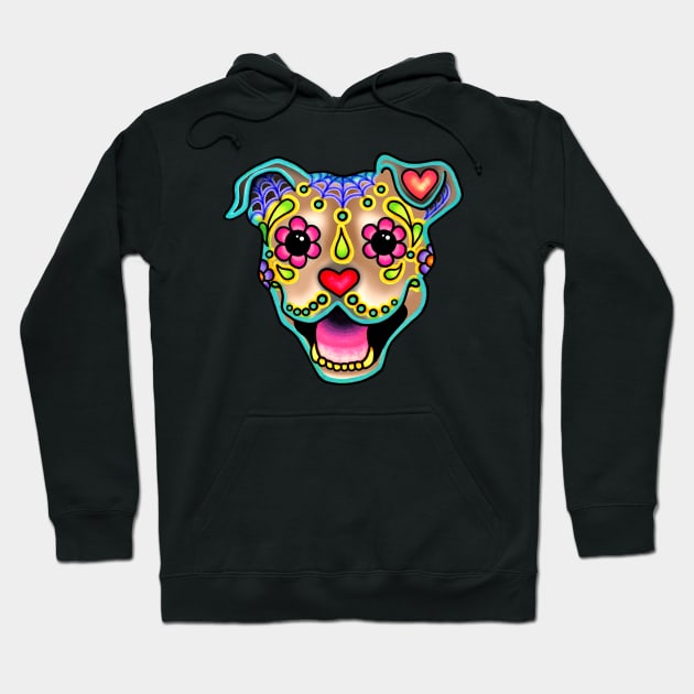 Smiling Pit Bull in Fawn - Day of the Dead Pitbull Sugar Skull Dog Hoodie by prettyinink